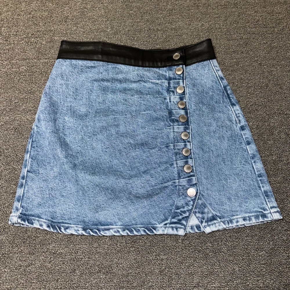 Social Tourist Ultra High Rise Denim Mini Skirt Boho Faux Leather Trim Size 0/24